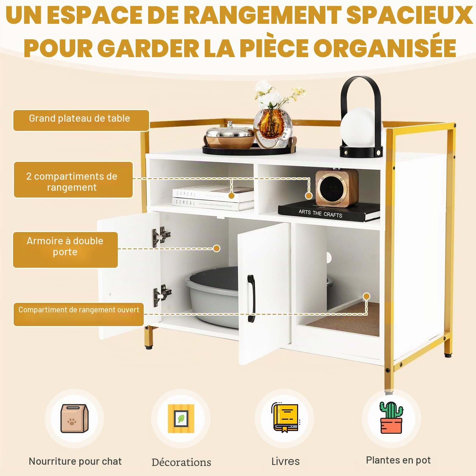 SOARS Maison de Toilette Chat, Meuble Litiere Chat avec Tapis à Griffer, Étagères Ouvertes, 2 Compartiments, Pieds Hauts, Maison Chat pour Salon, Couloir, Entrée (Blanc, 89 X 45 X 74,5 CM)