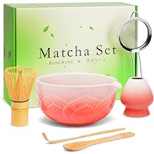 Matcha Whisk Set, Lotus Gradient Red Ceramic Matcha Set Includes Matcha Bowl, Matcha Whisk Chasen and Holder, Sifter, Bamboo Scoop & Spoon - 6 Pcs Matcha Kit for Matcha Lovers