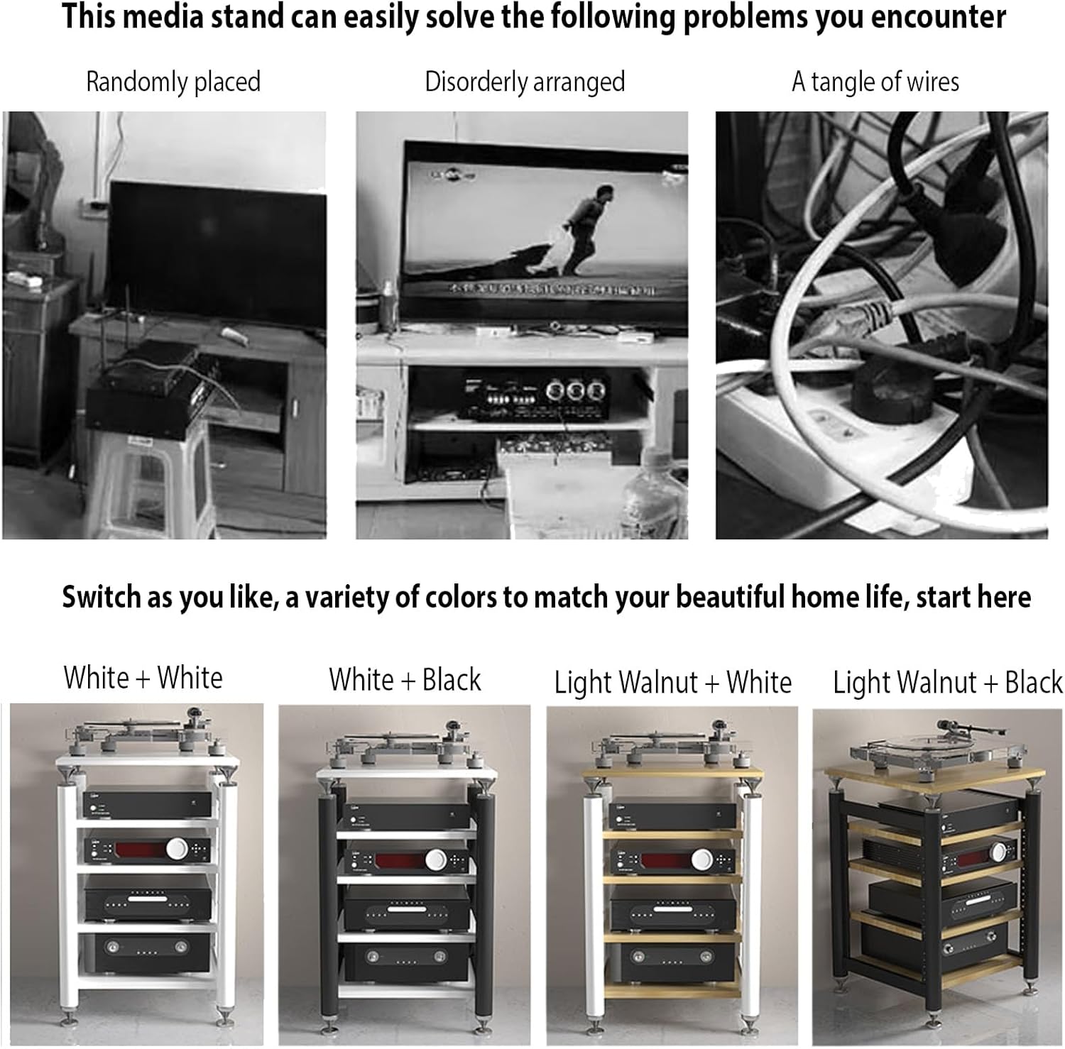 AV Media Stand,Audio Rack Stereo Cabinet,Stereo Stand with Shock-Absorbing Feet,Dvd Stand Storage Tower,record player console cabinet,Audio-video Shelving,Entertainment Stand(White+black,4floor)