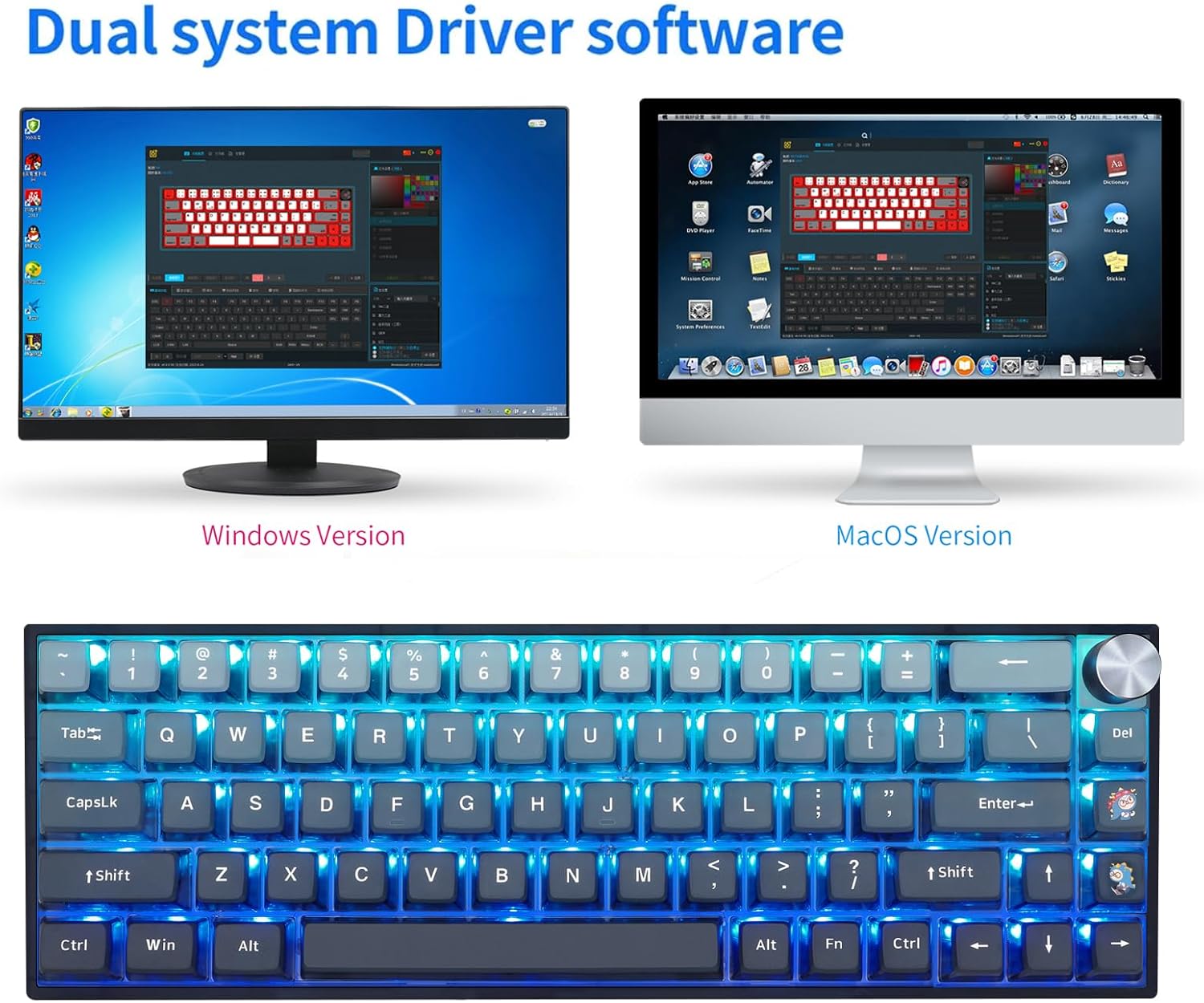 MOLGRIA SKYLOONG GK68 Blue Backlit Gaming Keyboard with Side Transparent Pudding Keycaps, Hot Swappable Red Optical Gateron Switches, Type C Wired Knob Mechanical Keyboard for Win/Mac OS