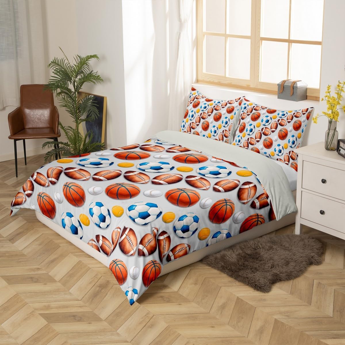 Feelyou Soccer Football Duvet Cover Twin Size Basketball Baseball Softball Sport Theme Bedding Set for Boys Girls Light Gray Comforter Cover Bedroom Decor 2Pcs with 1 Pillowcase (No Comforter)