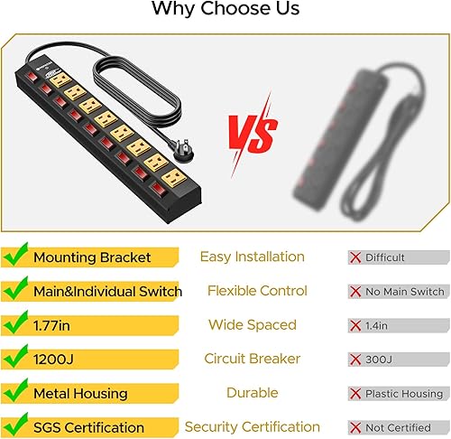 Miniatura 5 de CRST Regleta de alimentación resistente de 8 salidas con interruptores individuales, regleta metálica de 15 A1875 W, protector de sobretensiones con