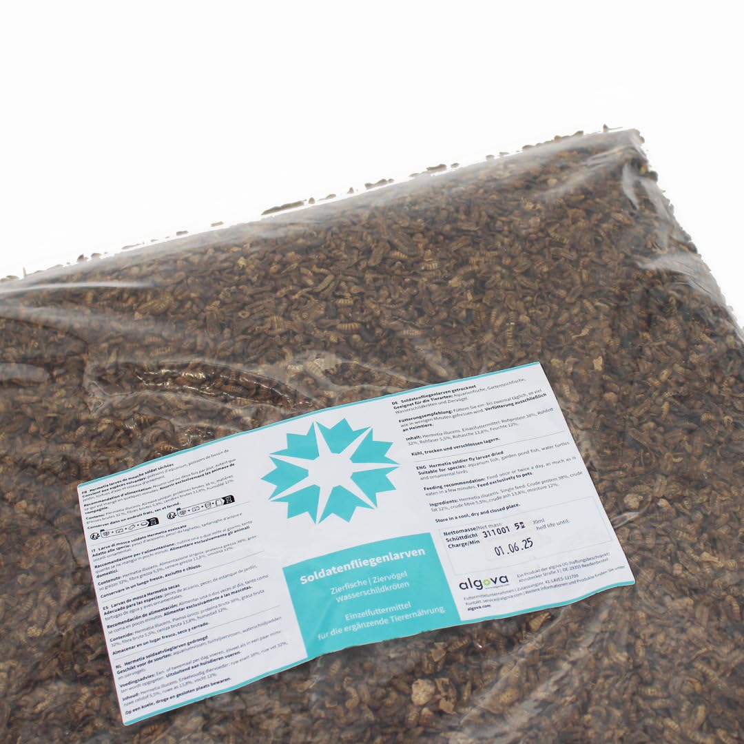 algova Hermetia Dried - Alimento Natural de Insectos para Peces, Aves, Reptiles, Tortugas, erizos, Pollos, Peces de Estanque (5kg)