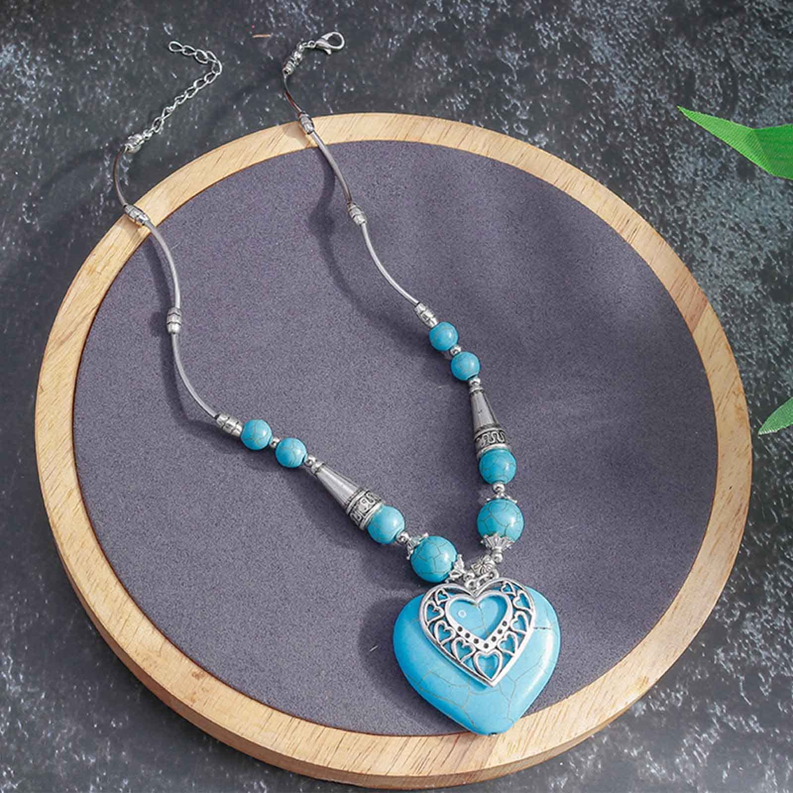 Collana Choker Boho Con Grande Cuore Turchese E Perline – Ciondolo Etnico Vintage, Gioiello Dichiarazione Per Donne E Ragazze