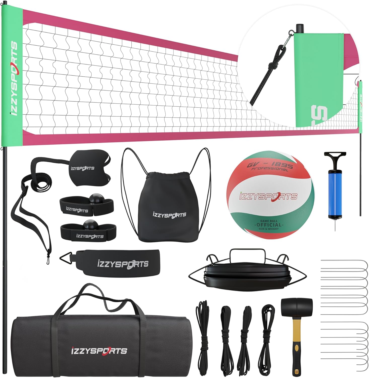 Red and Green Professional Volleyball Net Set, Easy Setup Regulation Net with Poles, Carrying Bag, Premium Ball, and More - Net for Backyard and Outdoor Beach Games