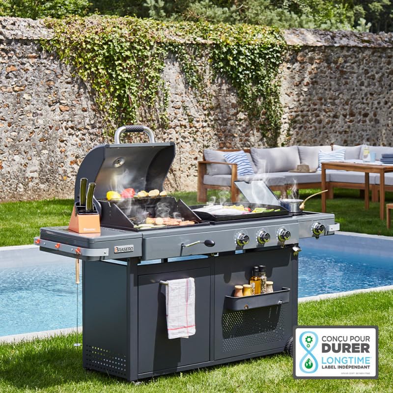BRASERO BY FAVEX – Bi‑Energy Gun Metal – Plancha gaz & barbecue charbon avec brûleur latéral – 12,95 kW – Plaque fonte émaillée 60 x 42 cm – Grille fonte – Jusqu'à 14 convives – Certifié LONGTIME