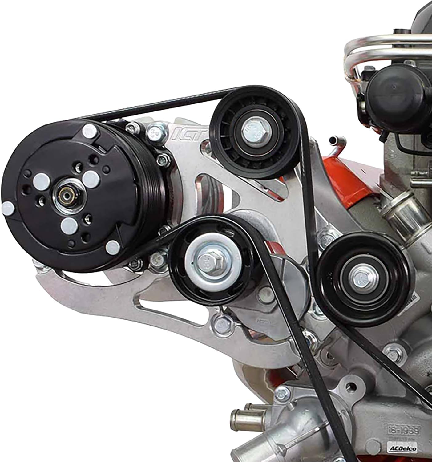 ICT Billet LSA Supercharger High Mount A/C Sanden 508 709 Compressor Bracket Kit CTS-V ZL1 6-Rib Heavy Duty Billet Aluminum Universal Air Conditioner Truck Spacing LS3 LM7 LS 551135-3-508
