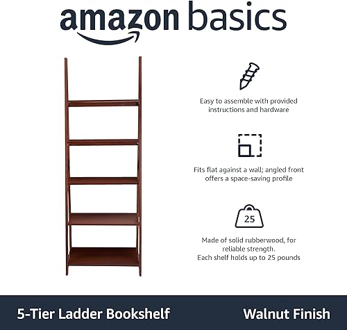 Miniatura 10 de Amazon Basics Organizador de estantería de escalera, marco de madera de goma maciza, acabado espresso, 5 estantes, 14 pulgadas de profundidad x 24.8