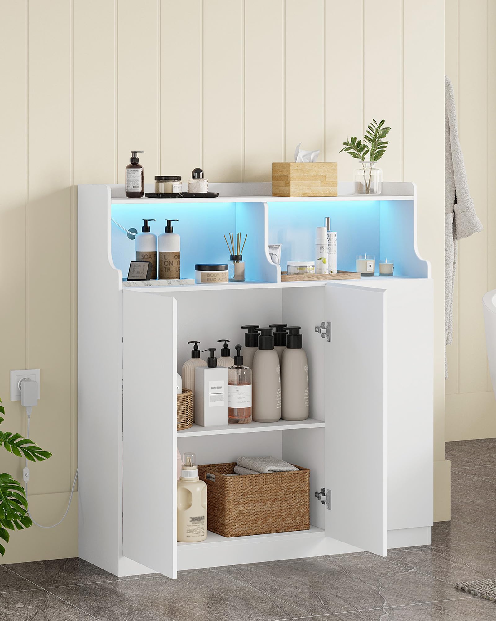 Hzuaneri Mobile Bagno, Luci LED Regolabili, 3 Anta, 2 Spazio Aperto, Ripiani Regolabili, Grande Capacità di Stoccaggio, Moderno, per Soggiorno o Bagno, Dimensioni, 30 x 100 x 107 cm, Bianco 5210003XEU