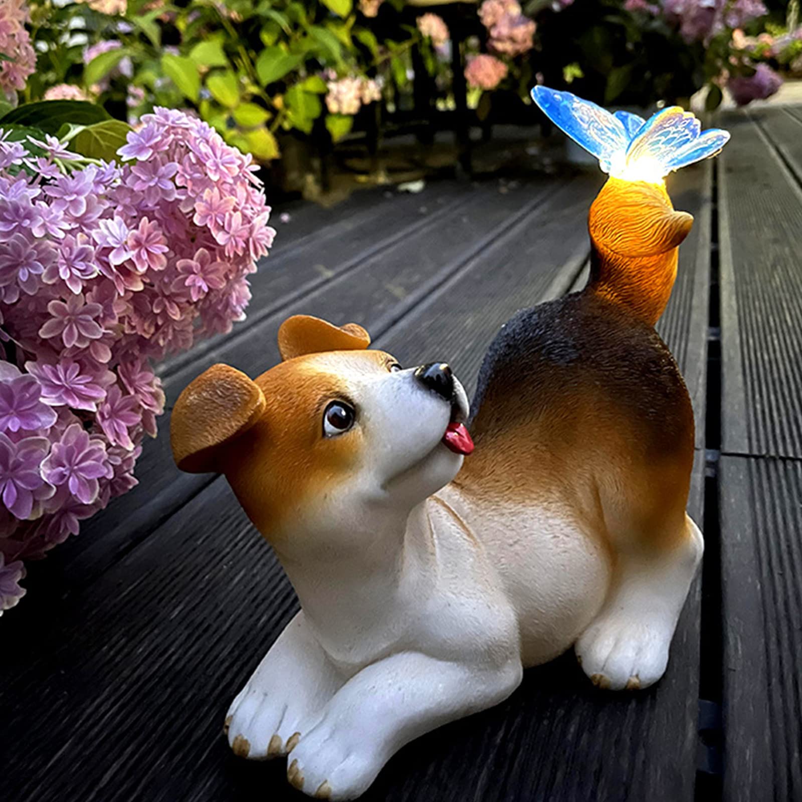 Statua solare a forma di cane con luce a farfalla - decorazione da giardino solare impermeabile per esterni per balcone, veranda - regalo per inaugurazione della casa, compleanno, festa della mamma e