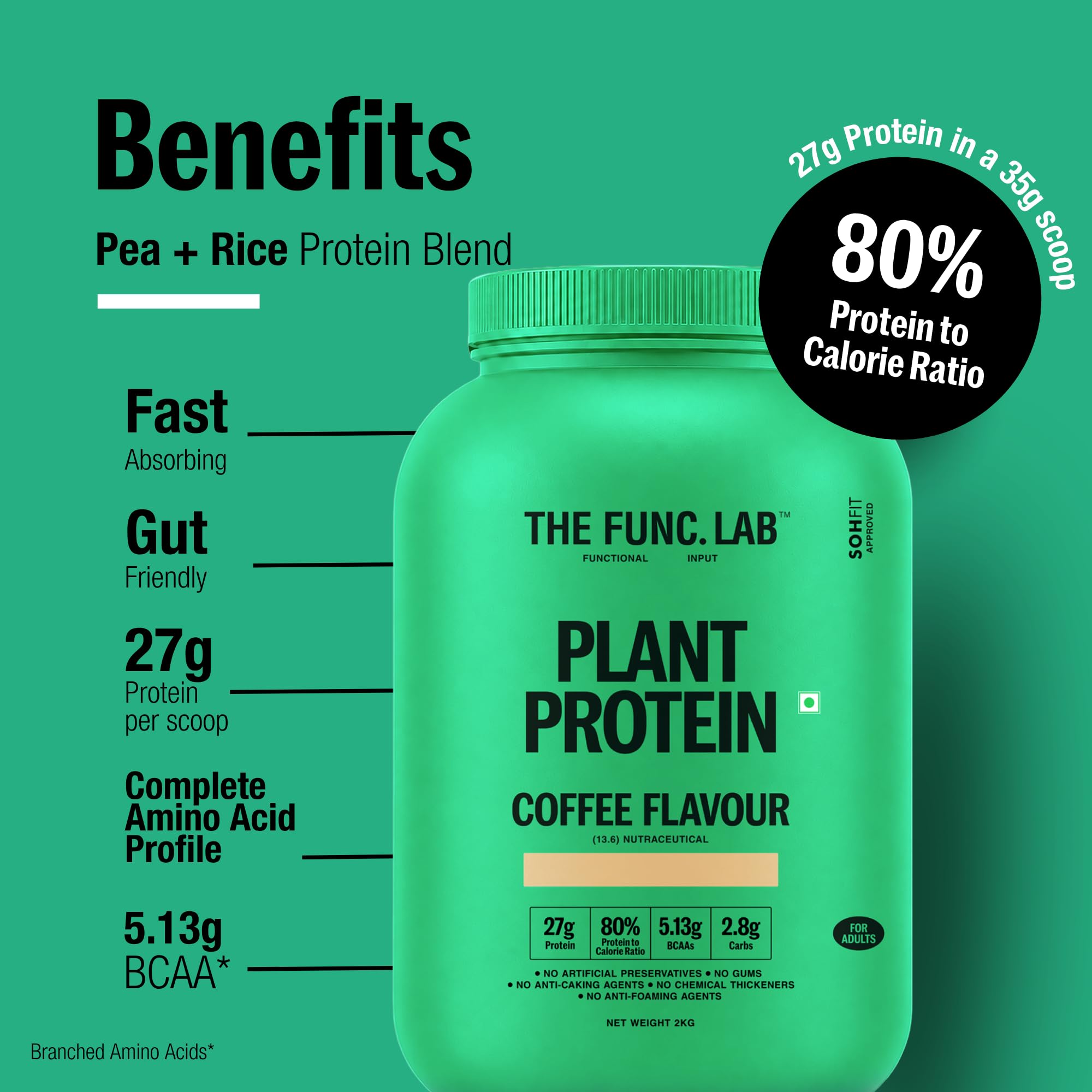The Func. Lab Plant Protein for Men and Women – Coffee | 2 kg | 27g Protein per Scoop | Pea and Rice Blend | Vegan, Sugar‑Free | Gut Friendly, Vegetarian — Amazon image 2