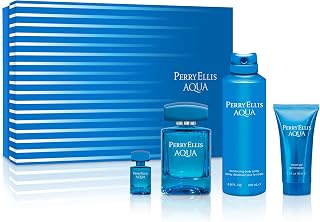 Perry Ellis Aqua 4-Piece Men's Fragrance Set, Cologne for Men | Includes 3.4 Fl Oz Eau de Toilette, .25 Fl Oz Mini Travel Size Cologne, 6 Oz Body Spray & 1.7 Oz Shower Gel, Perfume for Men
