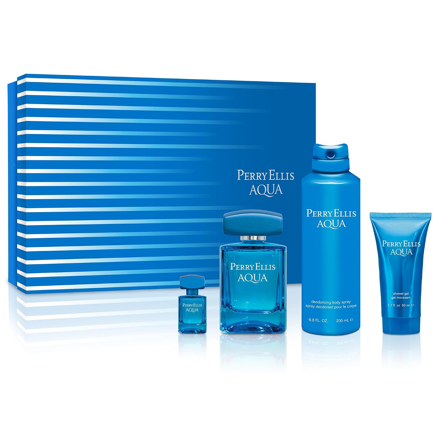 Perry Ellis Aqua 4-Piece Men Gift Set - Men Cologne Gift Set, Perfume, Fresh Fragrance Cologne Spray - 3.4 fl oz Eau de Toilette + .25 fl oz Mini Travel Size, 6.0 oz Body Spray & 1.7 oz Shower Gel