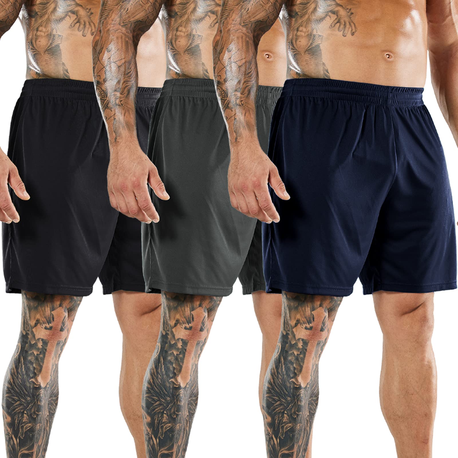 MIER Men's Soccer/Basketball/Athletic Shorts Without Pockets No Liner Running Workout Training, 3 Pack, Black/Gray/Navy, M