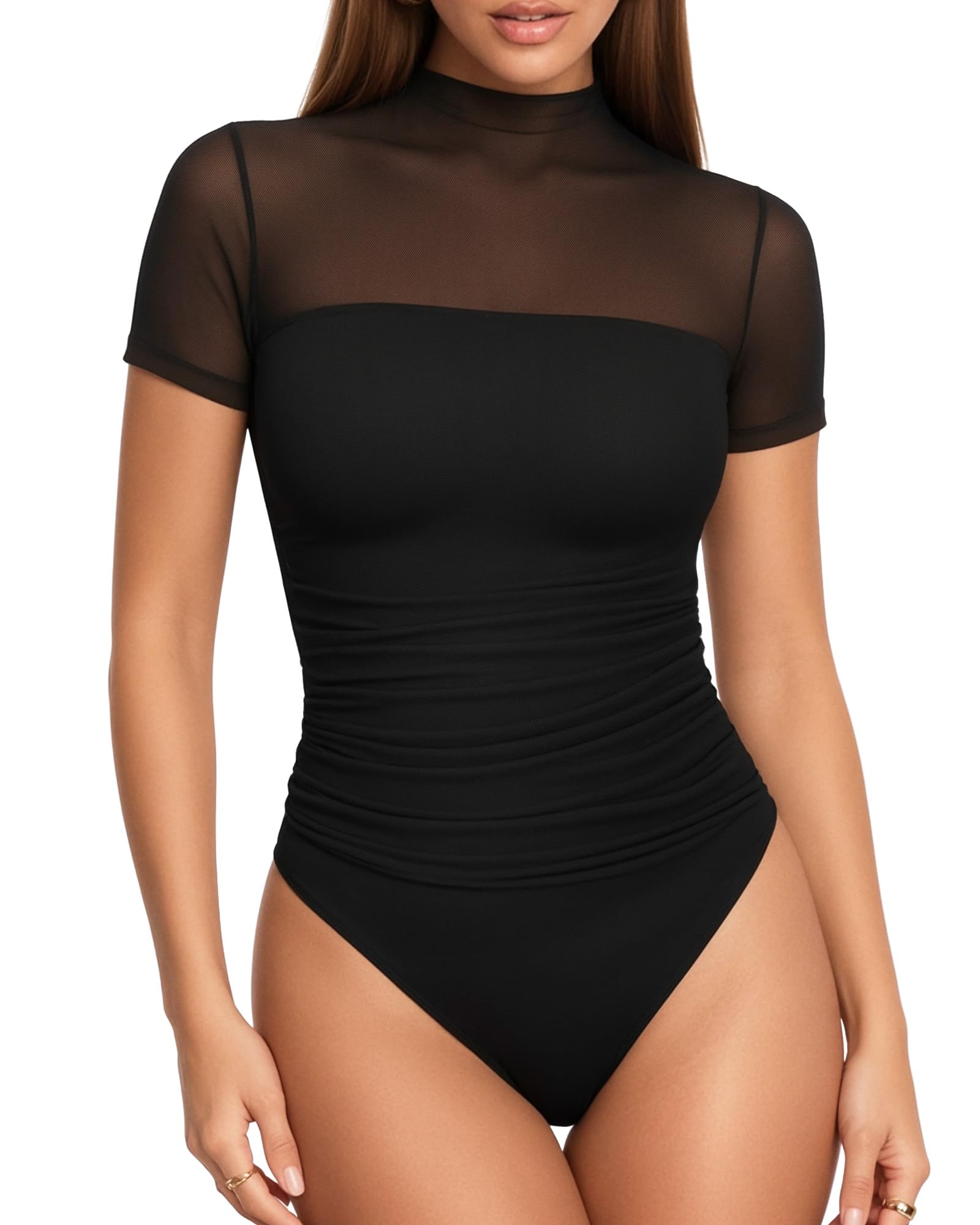 – Women's Mock Turtle Neck Short Sleeve Bodysuit Sexy Sheer Mesh Ruched Going Out Thong Body Suits Summer Trendy Tops 2026