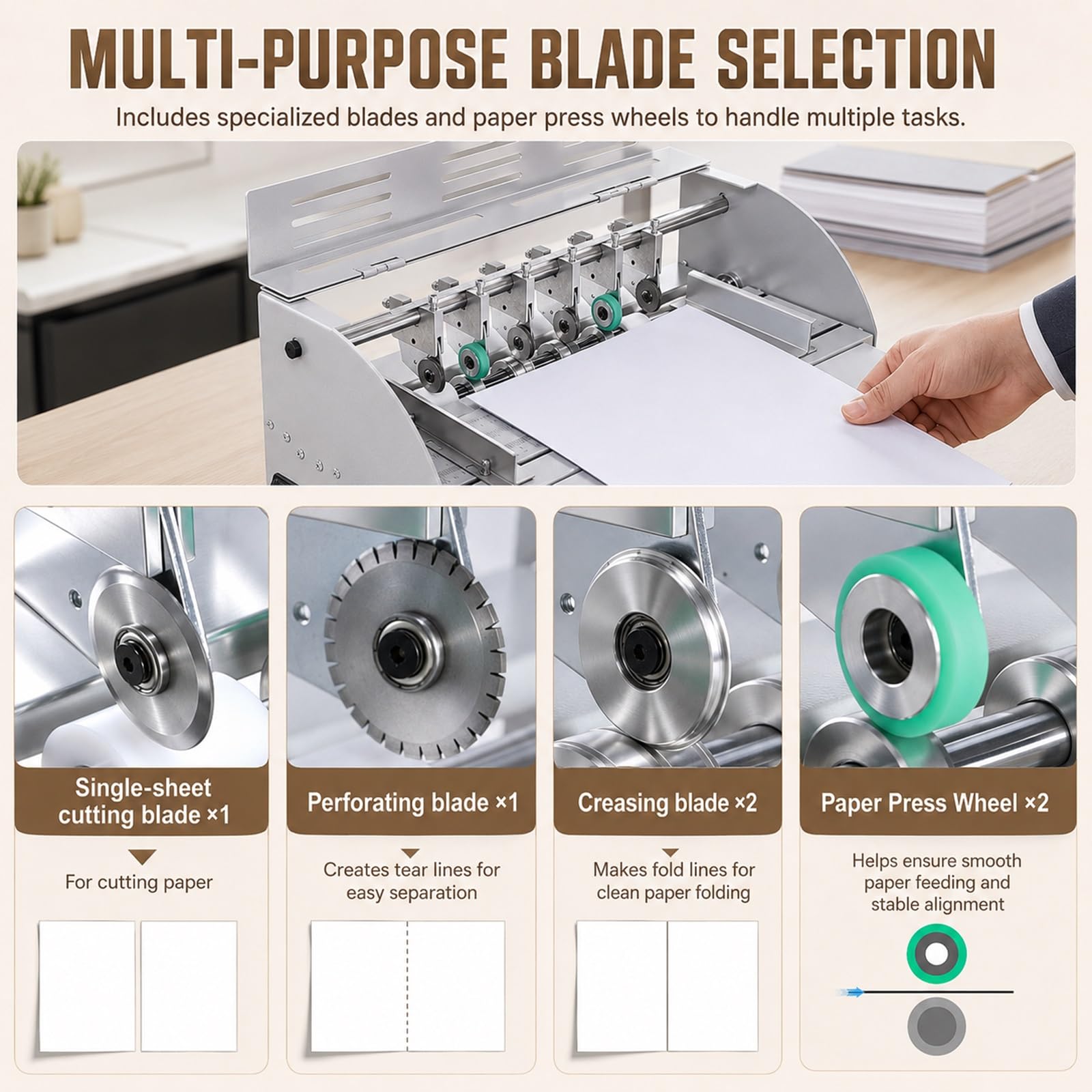 Macchina Piegatrice Elettrica da 460mm con Perforatore e Taglierina Carta | Velocità Regolabile 0-100 Giri/Min per Cartoncino Pesante 60-500gsm Foto e Menu con Righello di Precisione