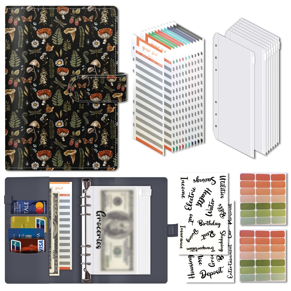 AOPEFNX Budget Binder, Cute A6 Money Saving Binder with Zipper Envelopes, PU Leather Money Organizer for Cash, Expense Budget Sheets and Cash