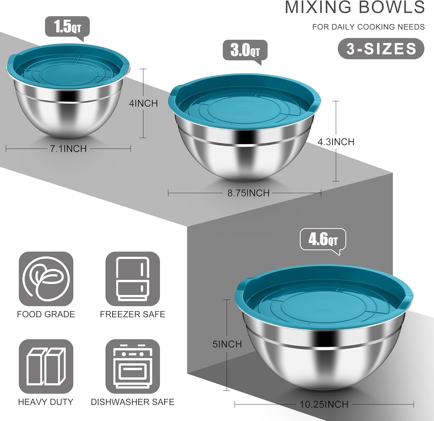 HaWare Mixing Bowls with Airtight Lids, 6-Piece Stainless Steel Salad Bowls, Strong Nesting Bowls for Cooking, Prepping, Baking, Serving & Food Storage, Stackable Design, Size 4.6, 3, 1.5QT, Teal Blue