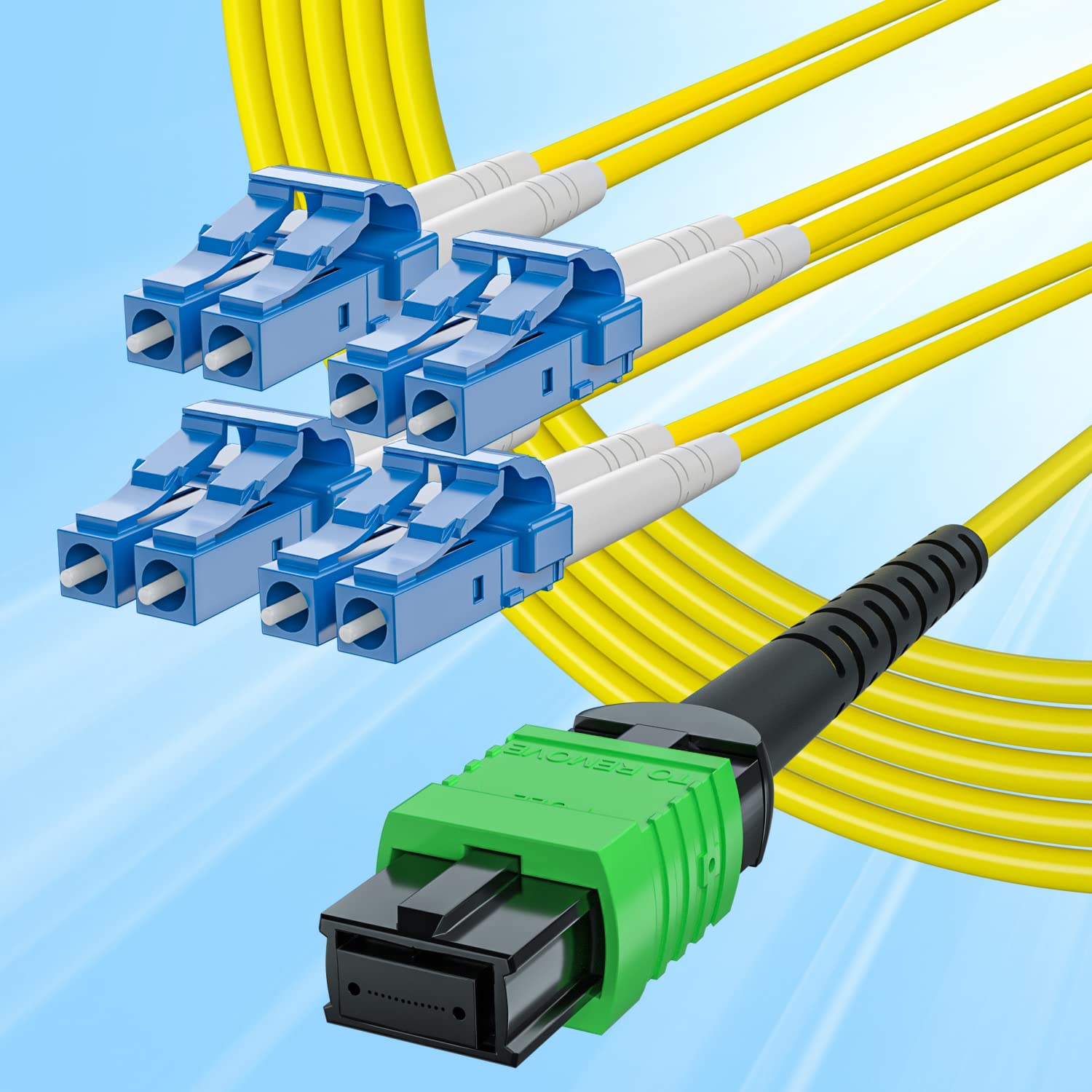 10Gtek Fiber Patch Cable - MTP to 8xLC OM3 50/125μm Multimode Fan-Out Fiber Jumper Patch Cord, 8-core Uniboot Breakout for 40G QSFP+ and 400G QSFP28 Transceivers, 30m(100-ft)