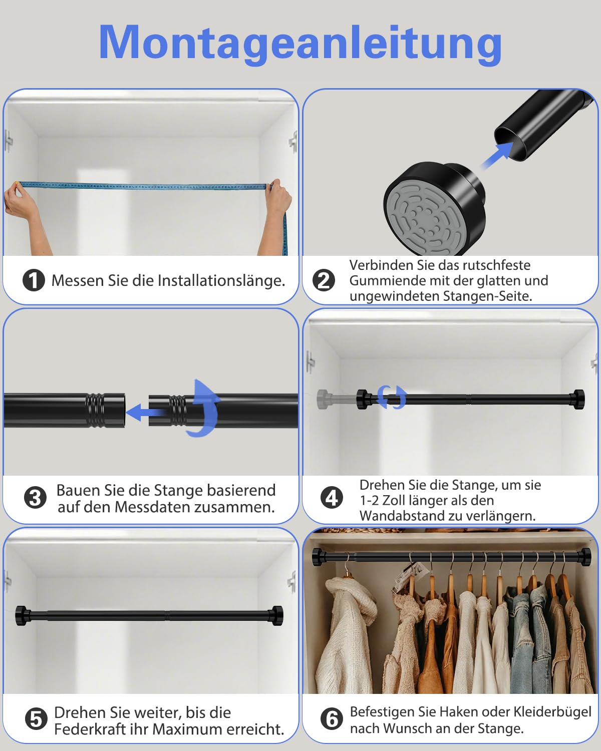 Asta per vestiti senza fori, Asta regolabile antiscivolo, Asta robusta 43-99cm per armadio, bagno, lavanderia, camper, Nero