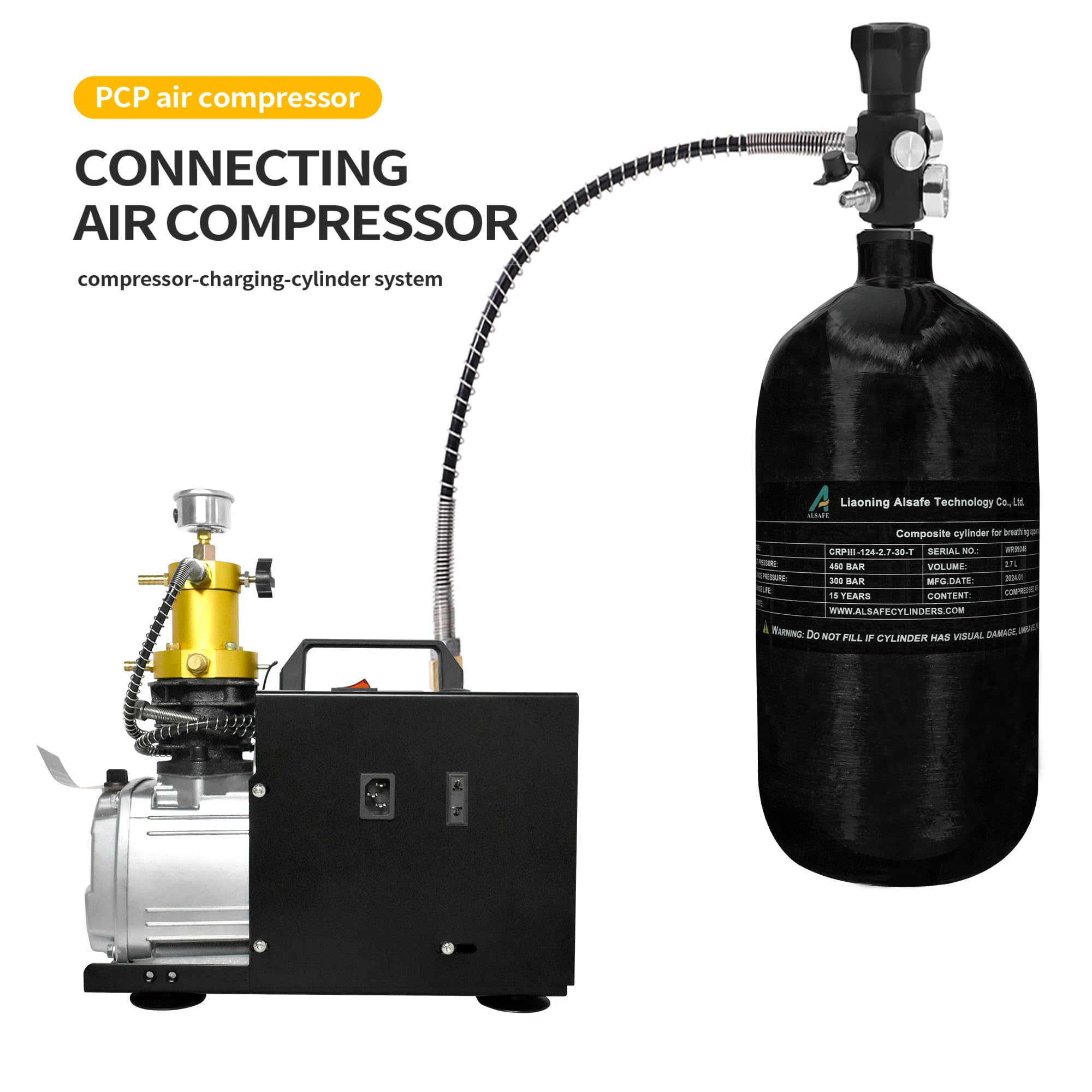 TUXING Cilindro di Ara in Fibra di Carbonio 2.7L 164Cu in 2700CC Cilindro Composito ad Alta Pressione,Cilindro di Immersione,Cilindro di Gas per Immersioni Profonde,Cilindro Aria Pcp per Fucile ad