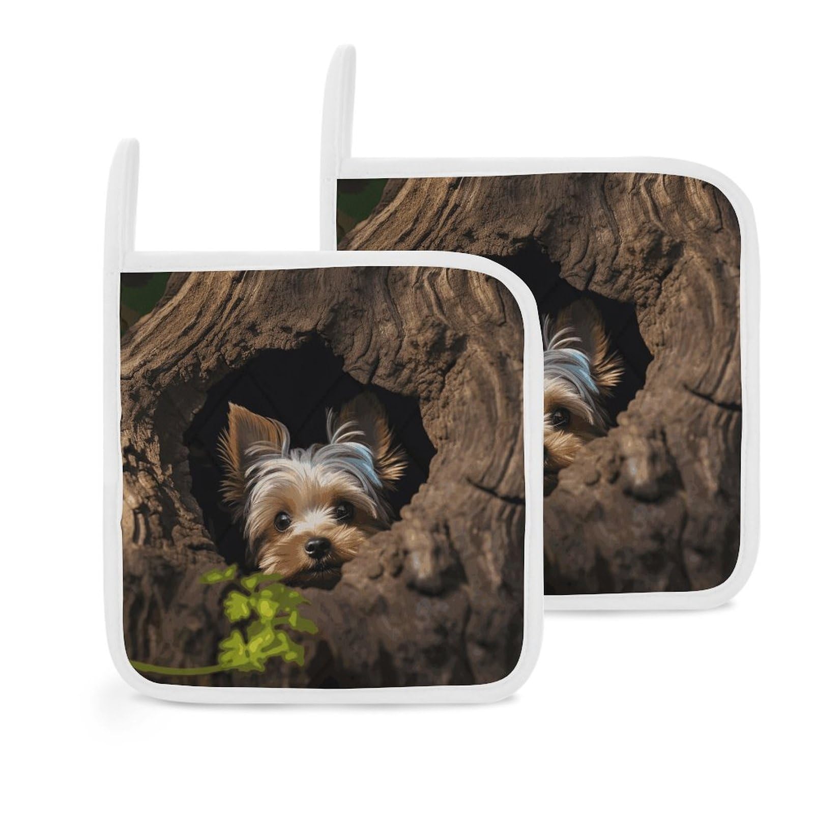 Btcowzrv Style A Little Yorkshire Terrier Nestled In A Tree Hole 2 Pack Pot Holders For Kitchen, Heat Resistant Potholder Set With Hanging Loops, Hot Pads For Oven Baking Cooking