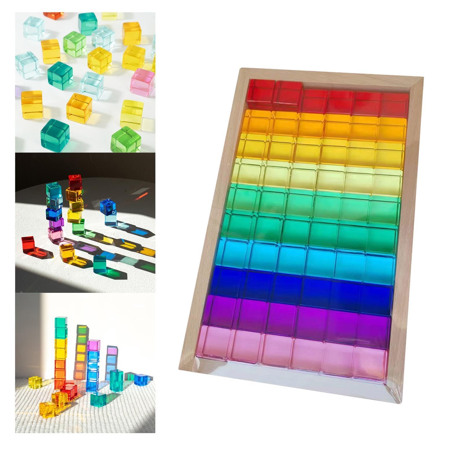 Stapelspiel Regenbogen Acryl Edelsteinwürfel, Regenbogen-GEM-Würfel Bausteine, Glatt Stapelspiel Würfelblöcke Bausteine-Set für Kinder,60Stück+10 Karten,Hohe Transparenz