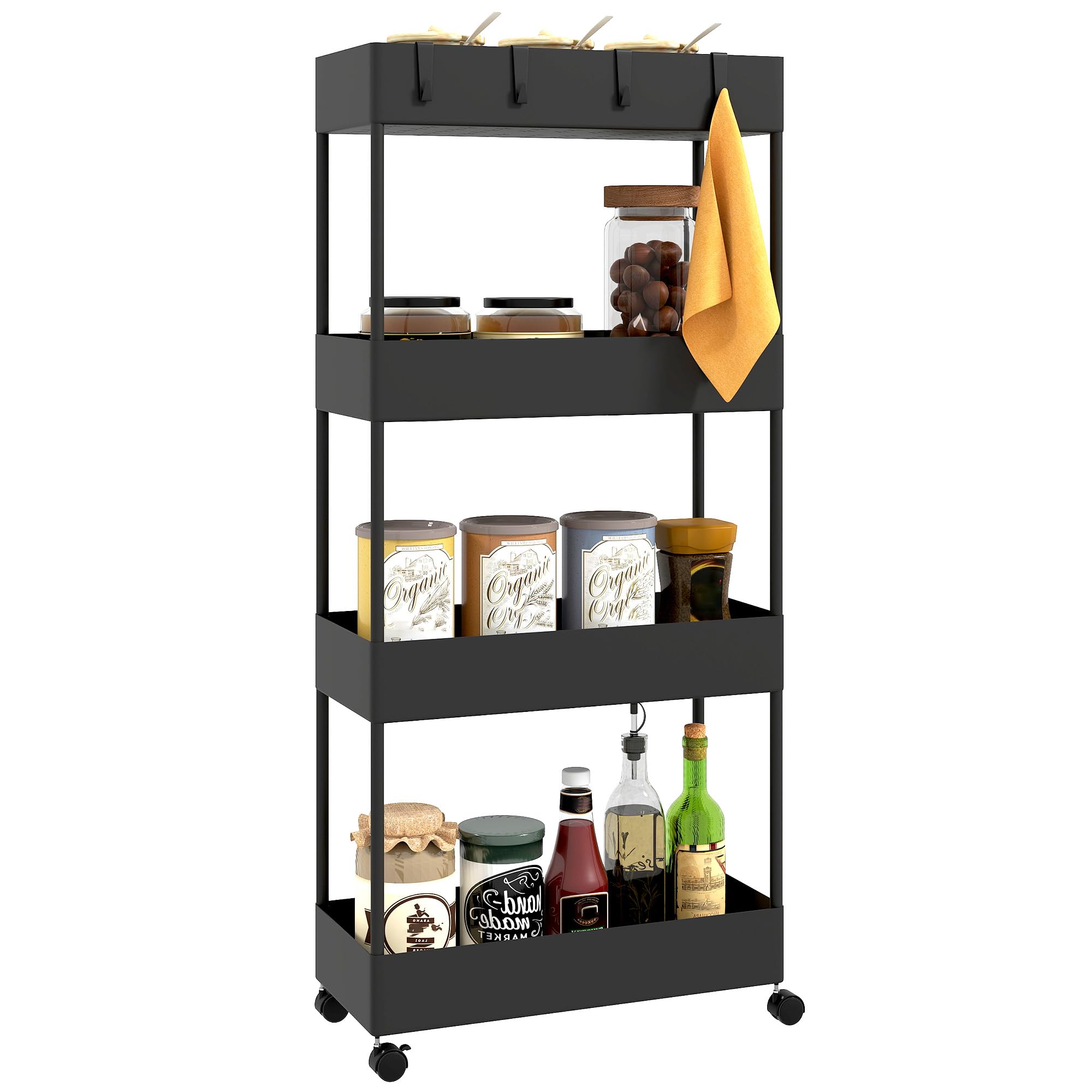 HOMCOM Carro de Cocina de Almacenamiento Delgado de 4 Niveles Carrito Auxiliar con Ruedas 4 Cestas y 4 Ganchos Extraíbles Carrito de Cocina para Comedor Baño Salón 40x19x90 cm Negro