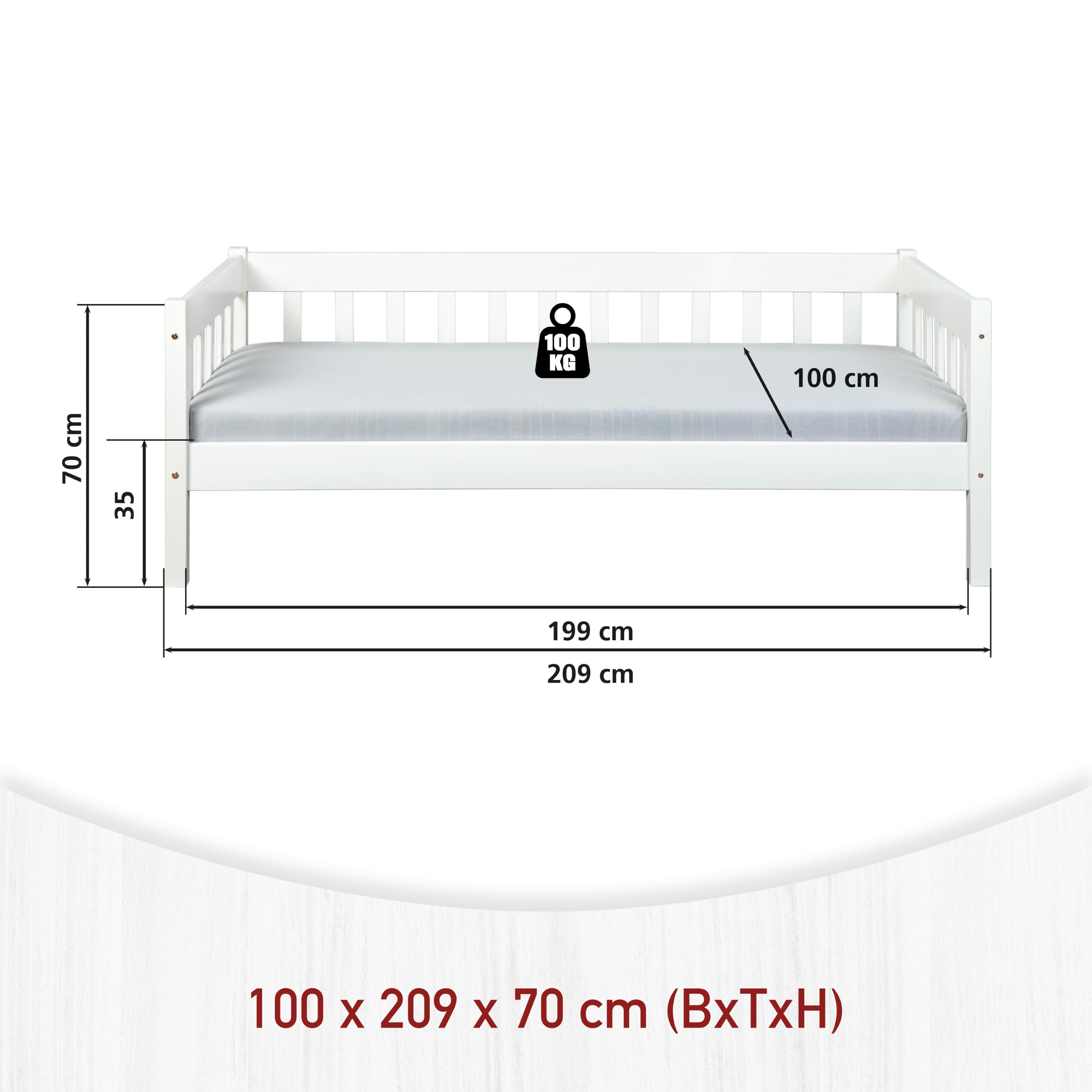 Inter Link - Sofabett – Tagesbett – Gästebett – Bett aus massiver Kiefer – 90 x 200cm – Schlafsofa – Inklusive Lattenrost - Weiß lackiert – Sintro