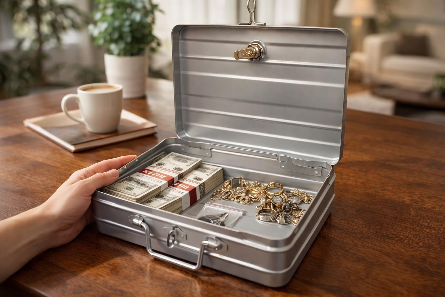 JAYCO Caja de almacenamiento de aluminio para dinero en efectivo y joyas, 30,5 cm, tamaño mediano (30 cm x 21 cm x 10 cm, plateado)