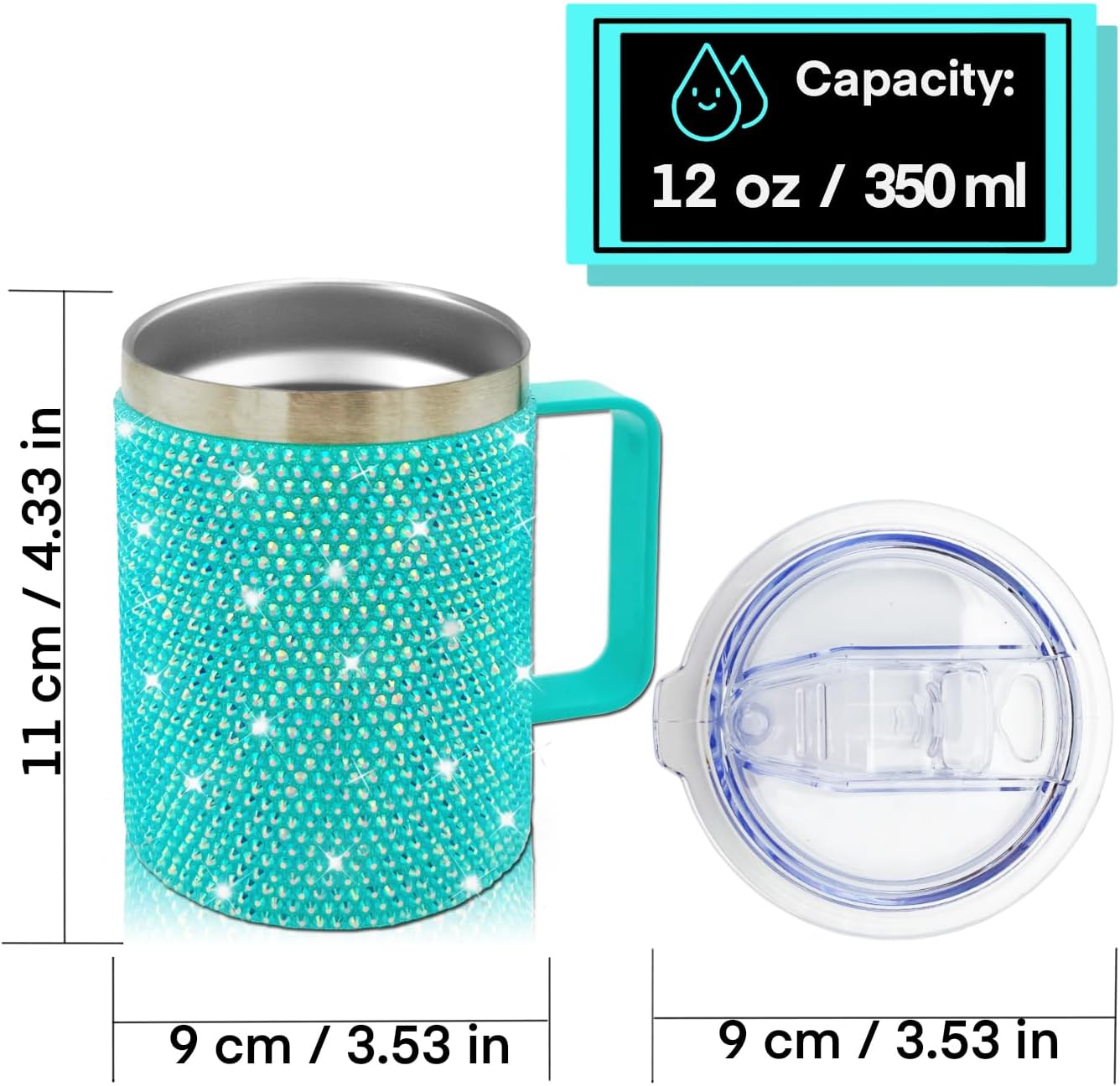 12oz Bling Travel Coffee Mug with Handle and Lid Rhinestone Insulated Coffee Mug Stainless Steel Vacuum Reusable Glitter Coffee Tumbler Thermal Cup for Home and Office (Sea Glass) - Image 4