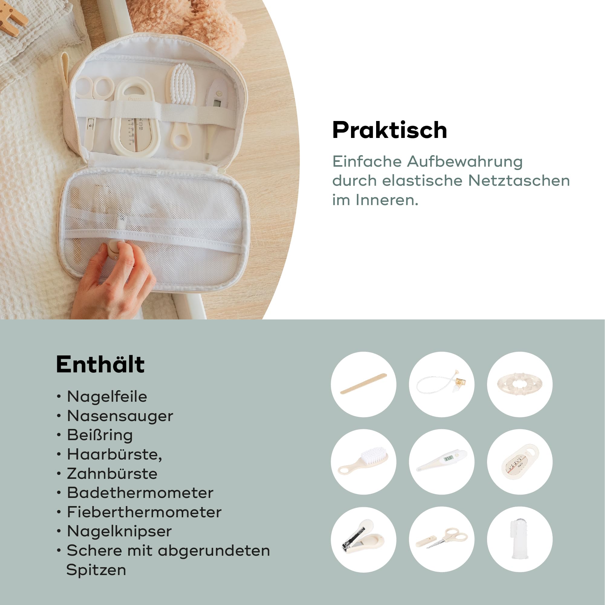 Babymoov Babypflege-Set - Kompakt & praktisch, Ab der Geburt, 9 wichtige Accessoires, darunter Haarbürste, digitales Thermometer, Badethermometer, kleiner Nagelknipser, Nagelschere, Nagelfeile, Sand