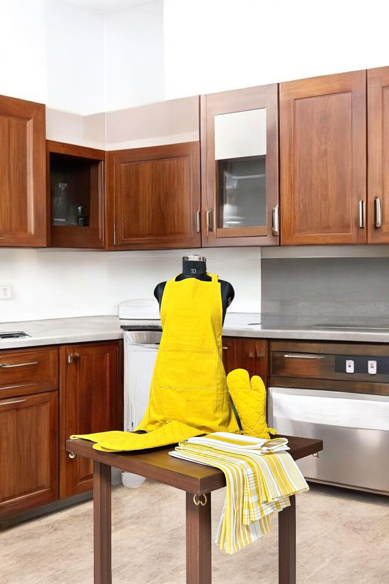 - 5-Piece Cotton Kitchen Linen Set – Apron, Oven Mitt, Double Oven Glove, Pot Holder and 3 Kitchen Towels | Durable Washable Cooking & Baking Essentials in Elegant Design