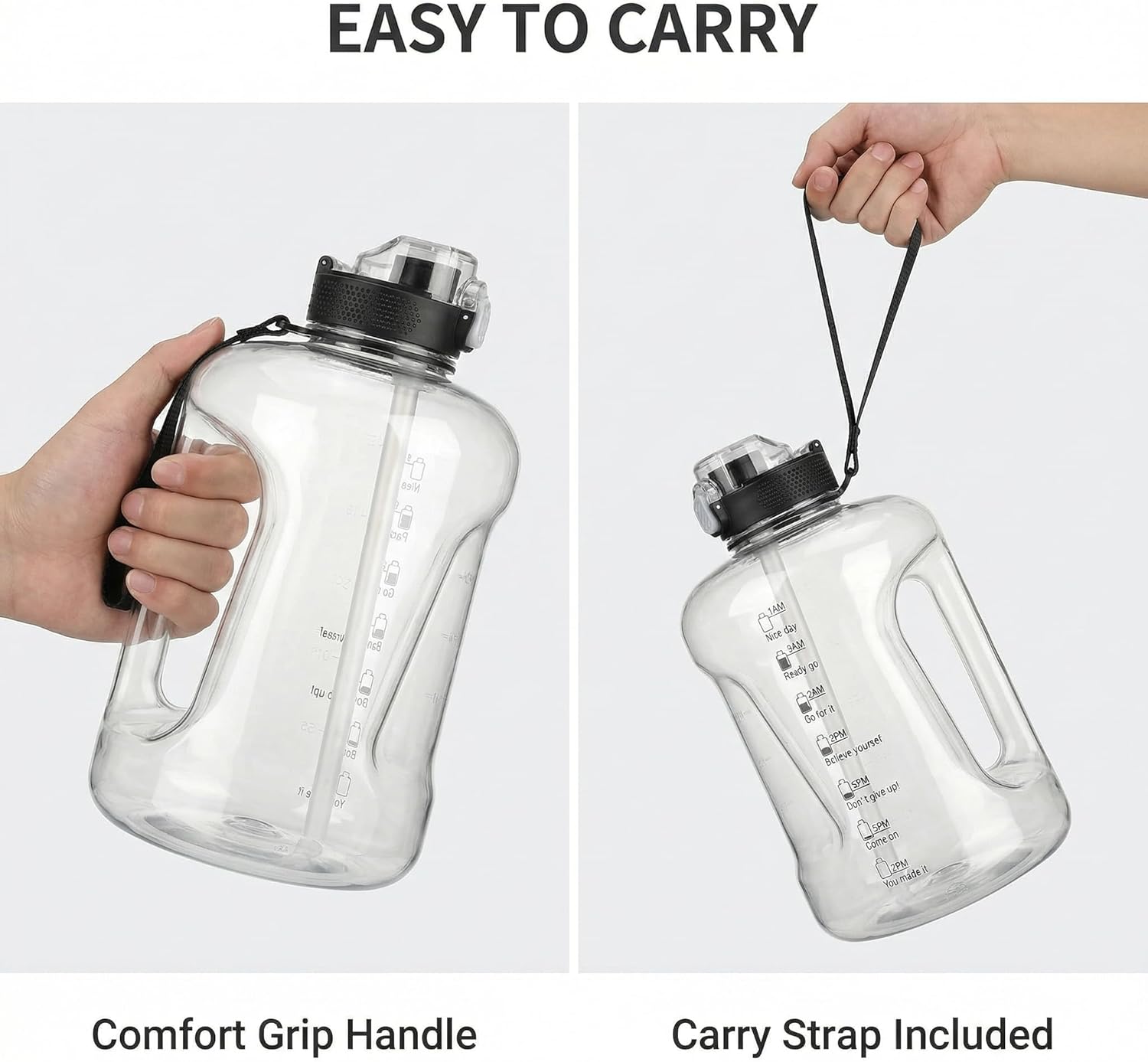 50oz & 84oz Motivational Water Bottle - Time-Marked, Leak Proof & BPA free. 2-in-1 Lid with Straw, Food-Grade Tritan. Half Gallon Sized, Ideal for Gym, Fitness & Outdoor Activities (50oz, U-Pink)
