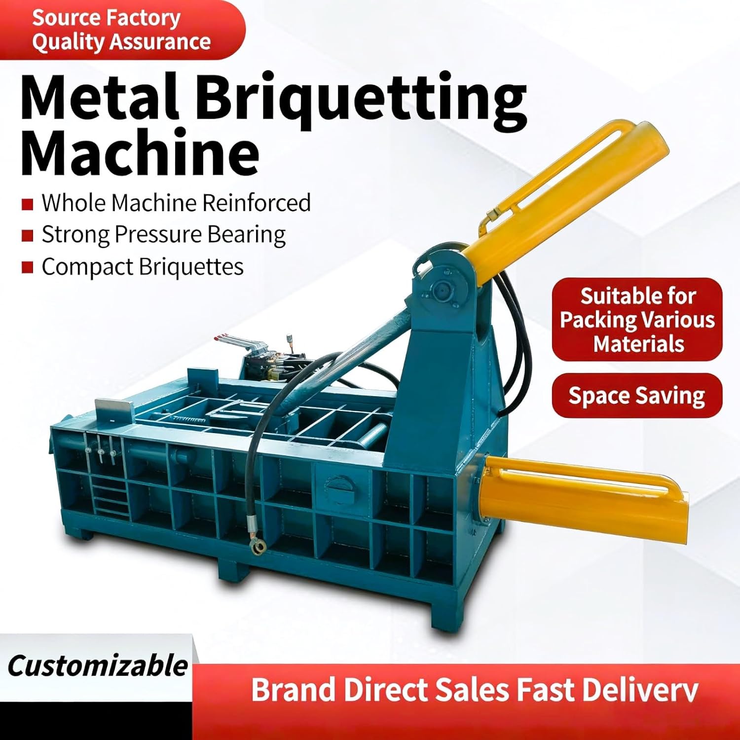 Hydraulic Scrap Metal Baler Machine, Heavy Duty Industrial Waste Compactor & Baler for Steel Iron Aluminum Copper Recycling, Automatic Baling Press for Cans, Turnings & Wire with Auto-Strapping