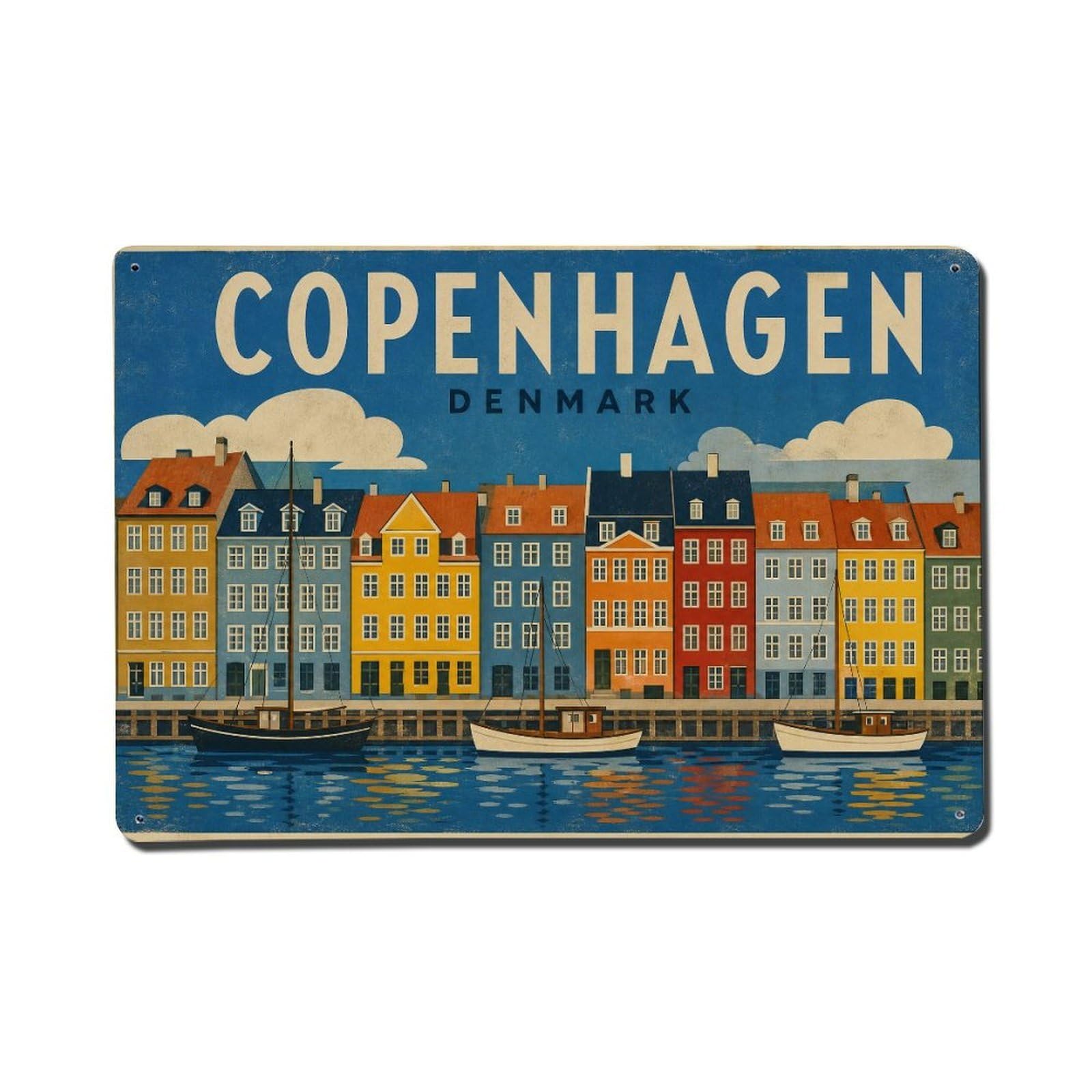 Retro Travel Denmark Copenhagen Metal Tin Sign Plaque Wall Decor for Cafe, Club Bar, Office, Garden Metal Poster 8x12Inch