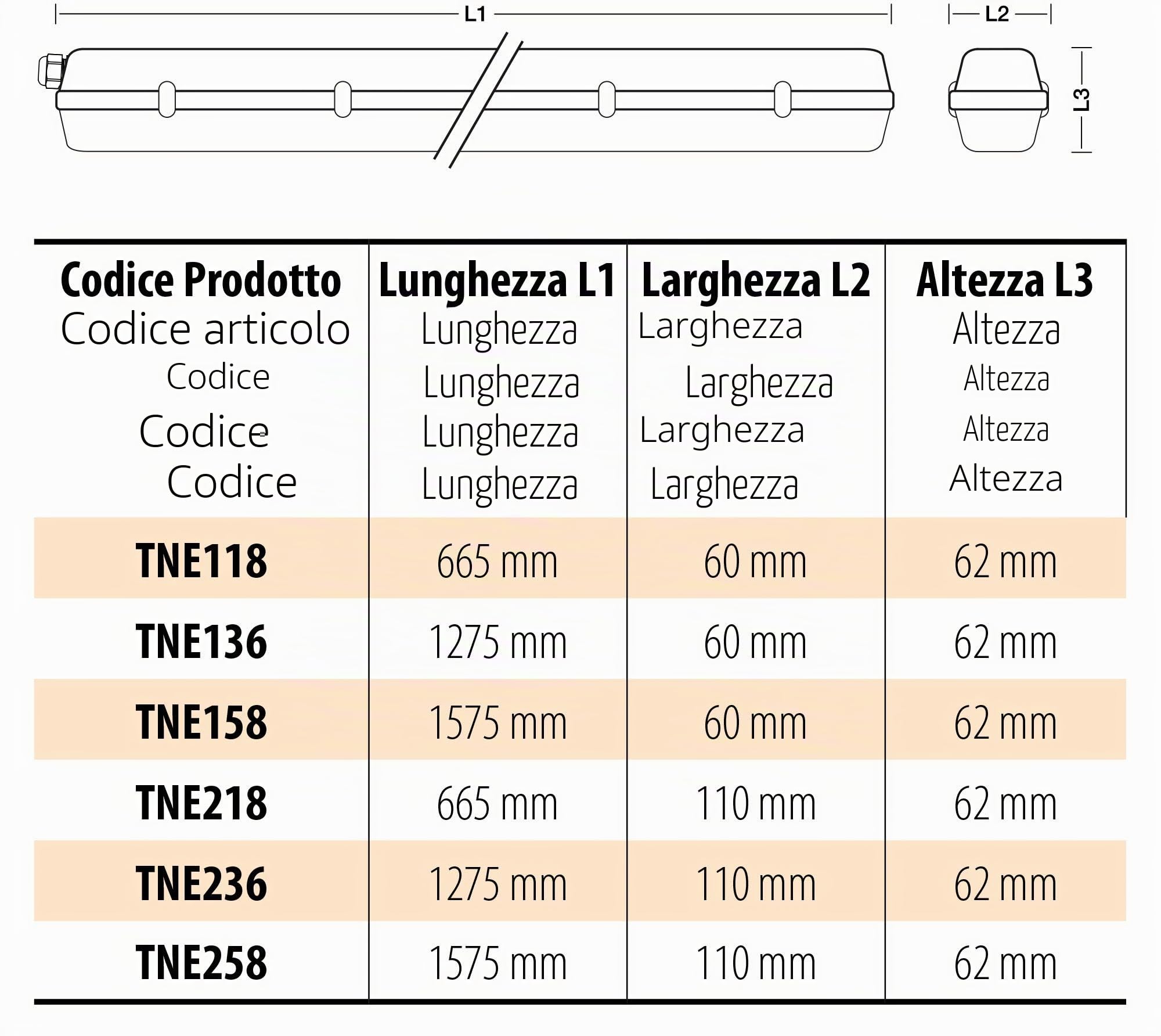 Velamp TNE258 Plafoniera stagna IP65 150 cm con tubi T8 LED, luce neutra