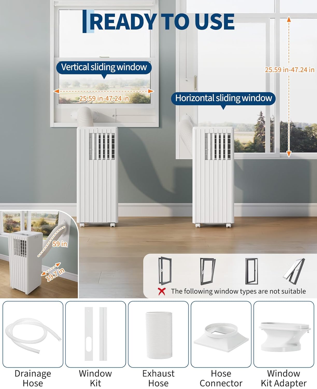 Garvee 8000 BTU Portable Air Conditioner, 3-in-1 Cooling, Dehumidifying & Fan for Rooms Up to 350 Sq. Ft | Quiet Sleep Mode | Energy-Saving 24-Hr Timer | AC Unit w/Remote & Full Window Kit, White