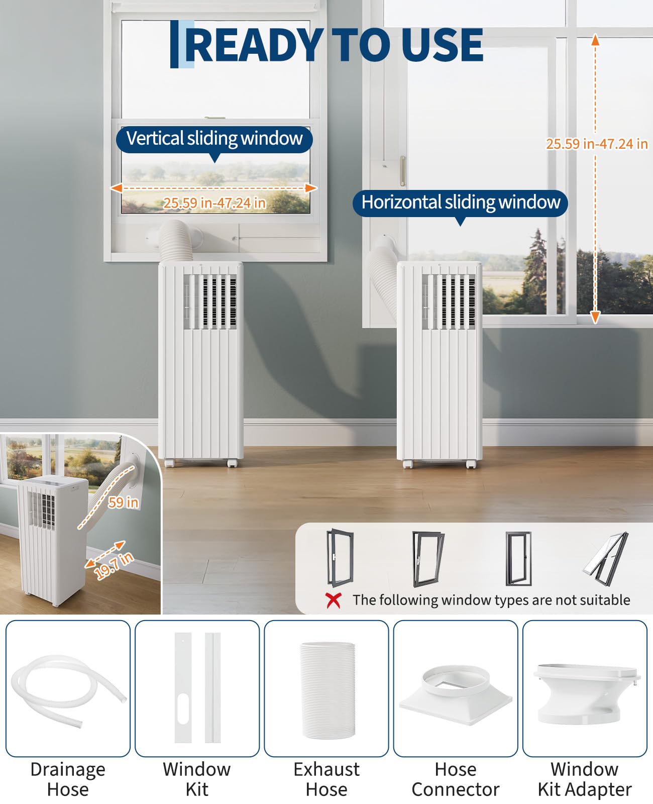 Garvee 8000 BTU Przenośny klimatyzator, kompletny zestaw okienny i pilot zdalnego sterowania w zestawie - Łatwa instalacja, chłodzi 350 metrów kwadratowych Ft Rooms, 24-godzinny timer, tryb uśpienia