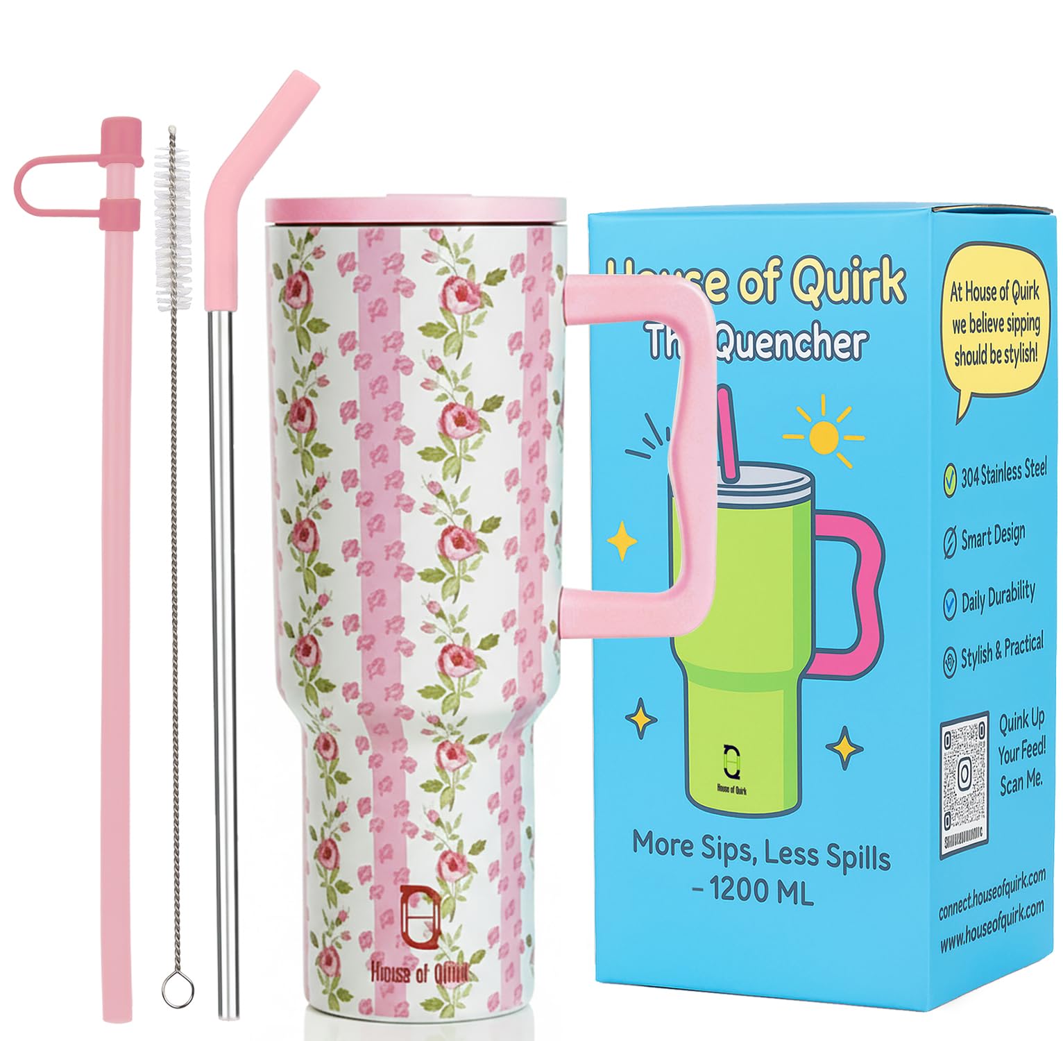 House of Quirk 1200ML Stainless Steel Tumbler with Handle & Lid, 2 Straws – Large Travel Mug Water Cup for Gym, Office & Outdoor Use (Pink Petal)