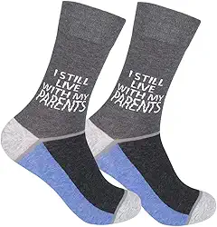 FUNATIC Meias engraçadas e loucas com frases – Presentes inovadores para homens, mulheres, adolescentes, I Still Live With My Parents, 6-12