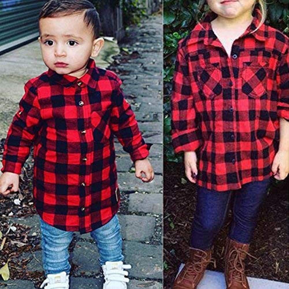 Kids Little Boys Girls Baby Red Plaid Flannel Long Sleeve Button Down Flannel Shirt Plaid Tops Girl Boy Clothes - Image 4