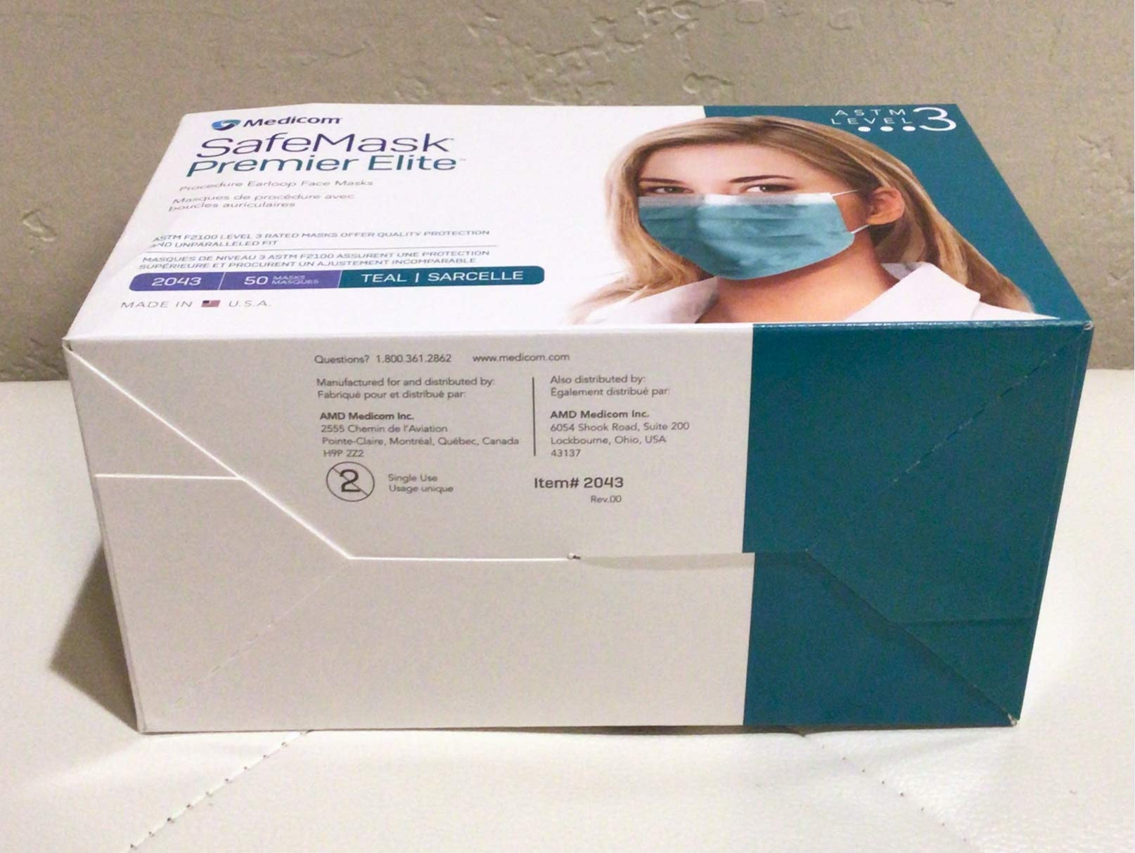 Medicom ASTM Nivel 3 SafeMask Premier Elite Mascarillas faciales 2043, verde azulado, 50/caja