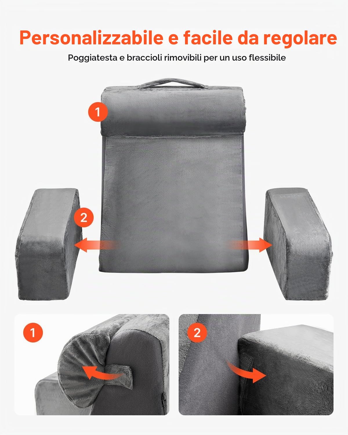 VEVOR Cuscino da Lettura per Schienale del Letto con Braccioli e 3 Tasche, Grande Cuscino da Letto con Supporto per Collo Rimovibile e Spugna 25D, per Leggere, Giocare, Riposare, Lavorare, Grigio