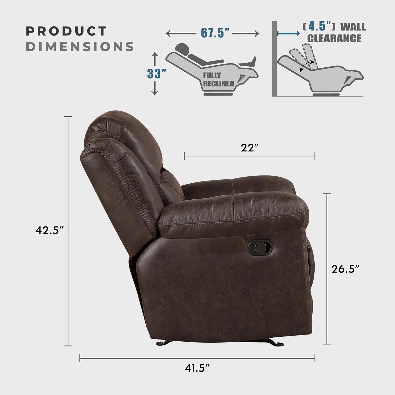 Lexicon Rocker Recliner Chair for Living Room, Wall Hugger Manual Recliner Chairs, Textured Microfiber Upholstered Rocking Reclining Chair, Home Theater Seating, Required Assembly, Dark Brown