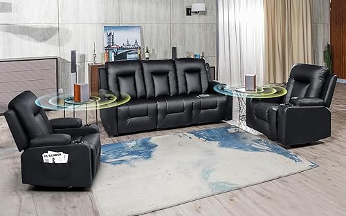 COMHOMA Juego de muebles de sala de estar,Sofá de cuero regenerado con masaje,Silla reclinable con portavasos,3+1+1,Negro