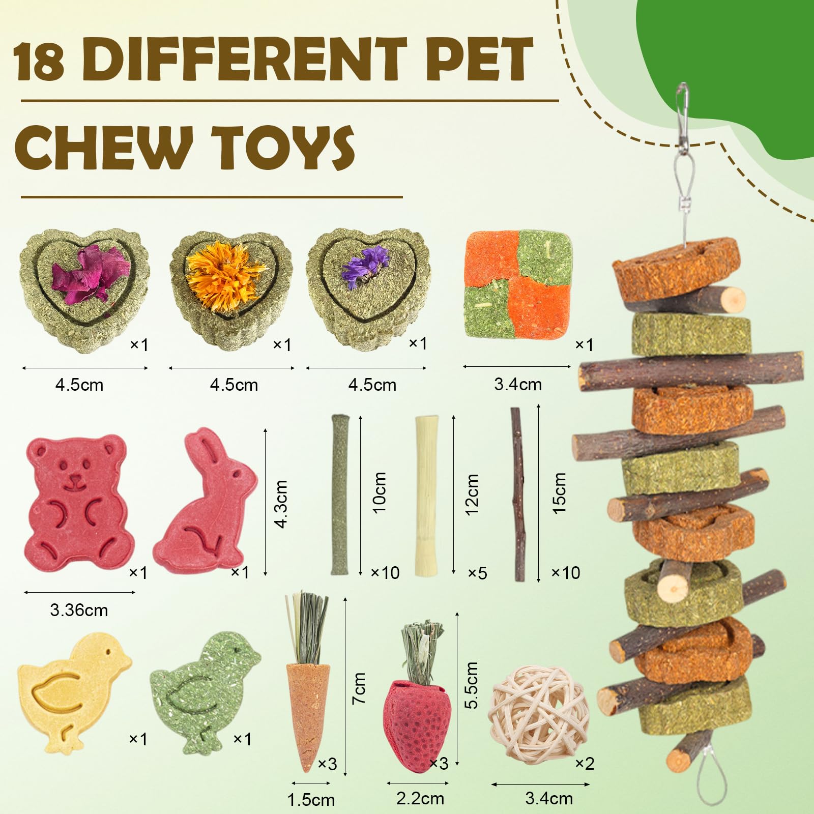 Juego de 42 Juguetes para Conejos, Juguetes Naturales para Masticar Conejo, Juguetes Hamster, cobaya y Chinchilla, palitos de heno de Madera de Manzana para Tratar la dentición de Conejos y Animales — view 2