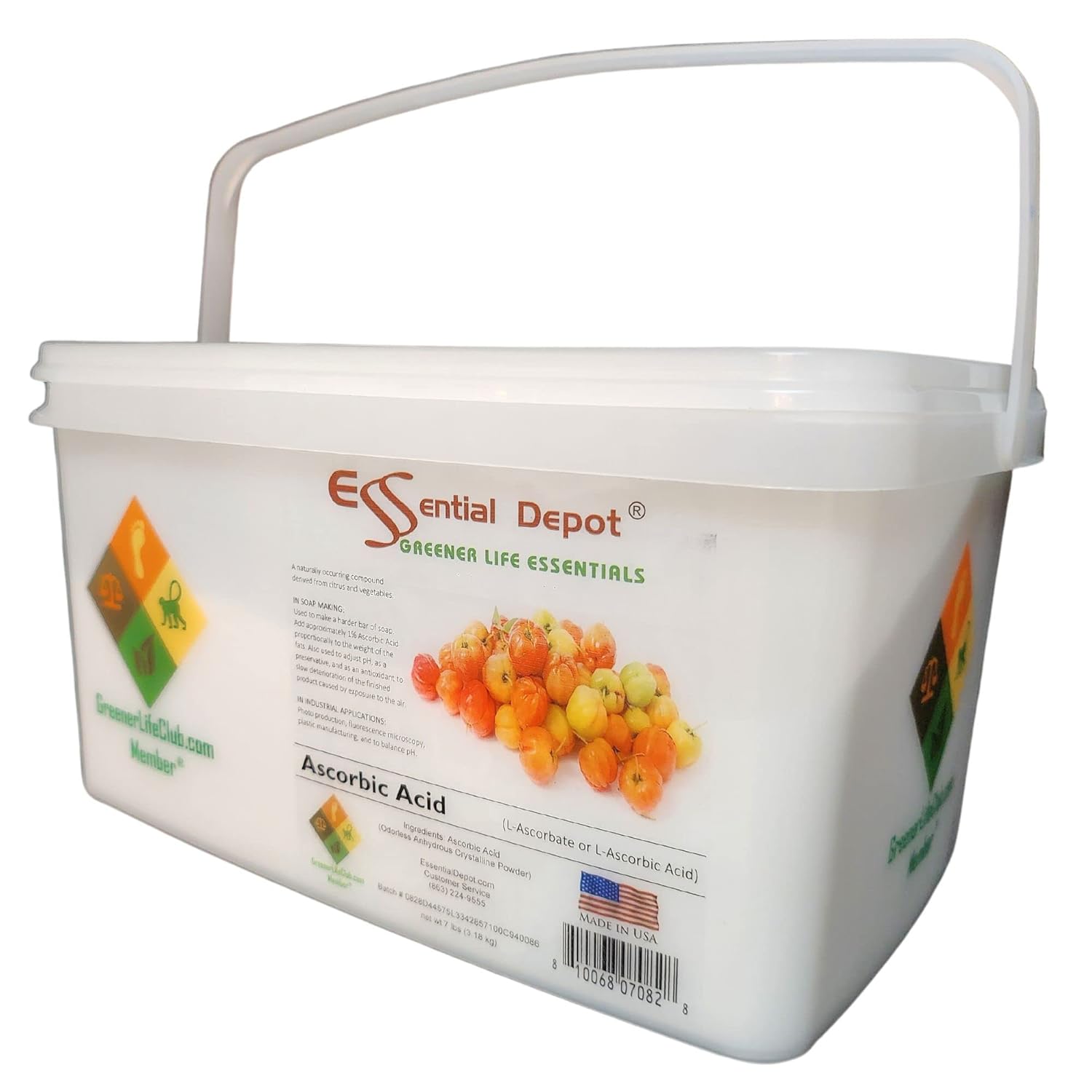 Ascorbic Acid Powder - 7 lbs - Vitamin C, L-Ascorbate, or L-Ascorbic Acid - C6H8O6 - Safety Sealed (Lock tab) Wide Mouthed PP Container with Resealable Cap and Reattachable Handle