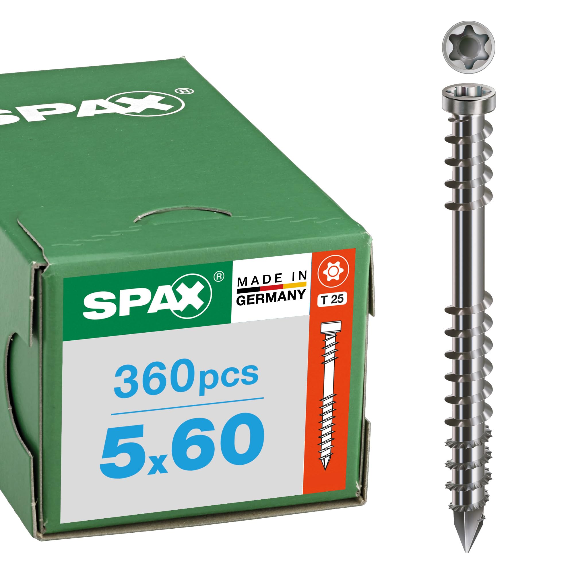 SPAX Tornillo para terrazas 5 x 60 mm, 360 unidades - Tornillos, rosca de fijación, cabeza cilíndrica, T-STAR plus T25, punta CUT, acero inoxidable A2-8000000276613