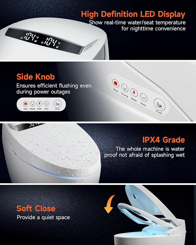 Inodoro inteligente con bidé, tapa automática y asiento calefactable miniatura 9